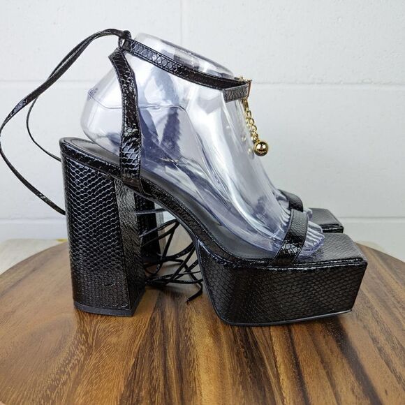 Simmi London Daina Black Patent Faux Snake Print Lace Up Platform Block Heel - Picture 5 of 16